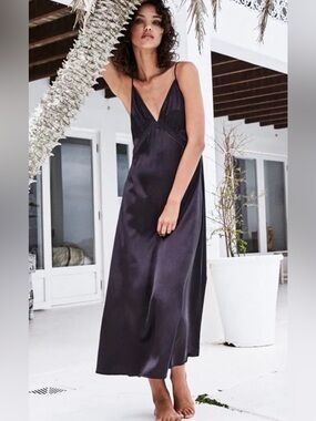 Rowie the Label Kassia strappy back deep V black slip maxidress gown Lar…